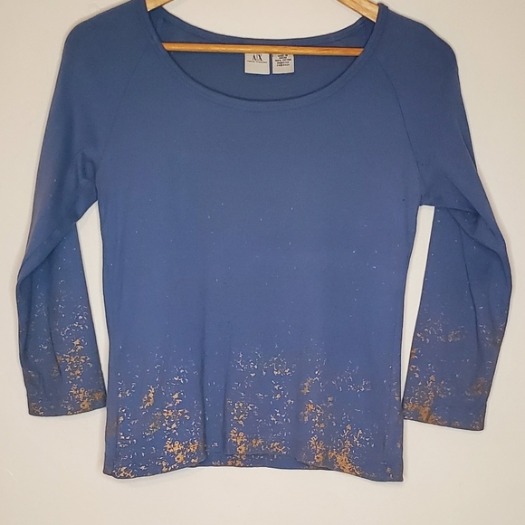 Gold Splash Periwinkle Blue 3/4 Sleeve Armani Exchange Shirt with Paint Accents - Picture 13 of 13